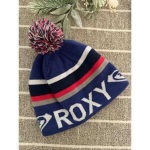 Roxy Purple Blue and White Pom Top Beanie With Fleece Lining